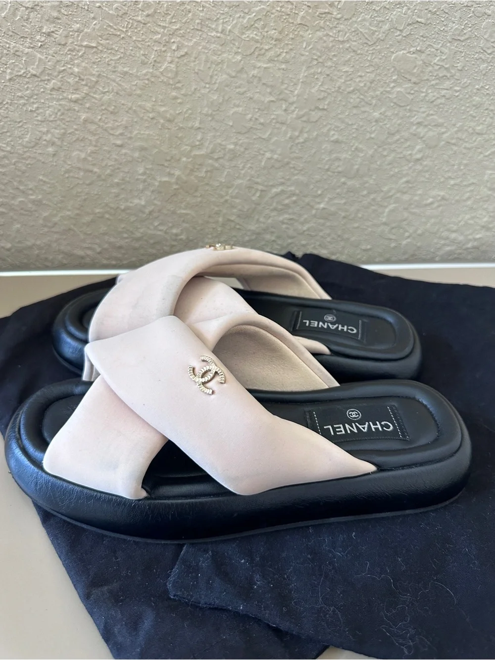 CHANEL Pink Crossband Slide Sandals with Gold CC